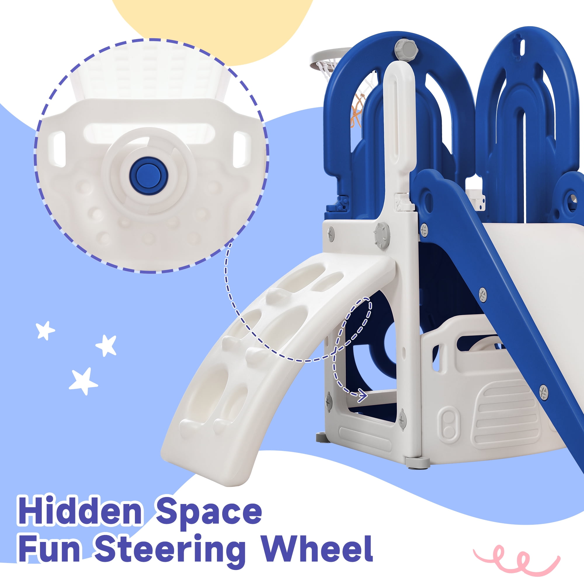 4 in 1 Toddler Climber and Slide Set with Basketball Hoop,Kids Climber & Bus Playhouse Slide Playse,Blue