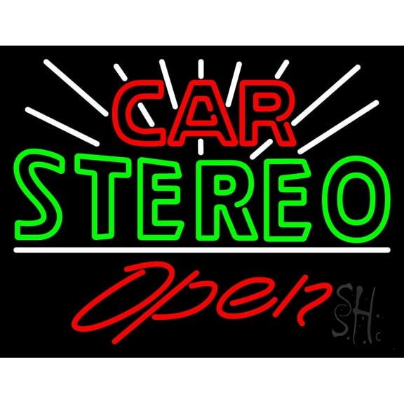 Green Car Stereo Open LED Neon Sign 15 x 19 - inches, Clear Edge Cut Acrylic Backing, with Dimmer - Bright and Premium built indoor LED Neon Sign for Computer & Electronics store decor.