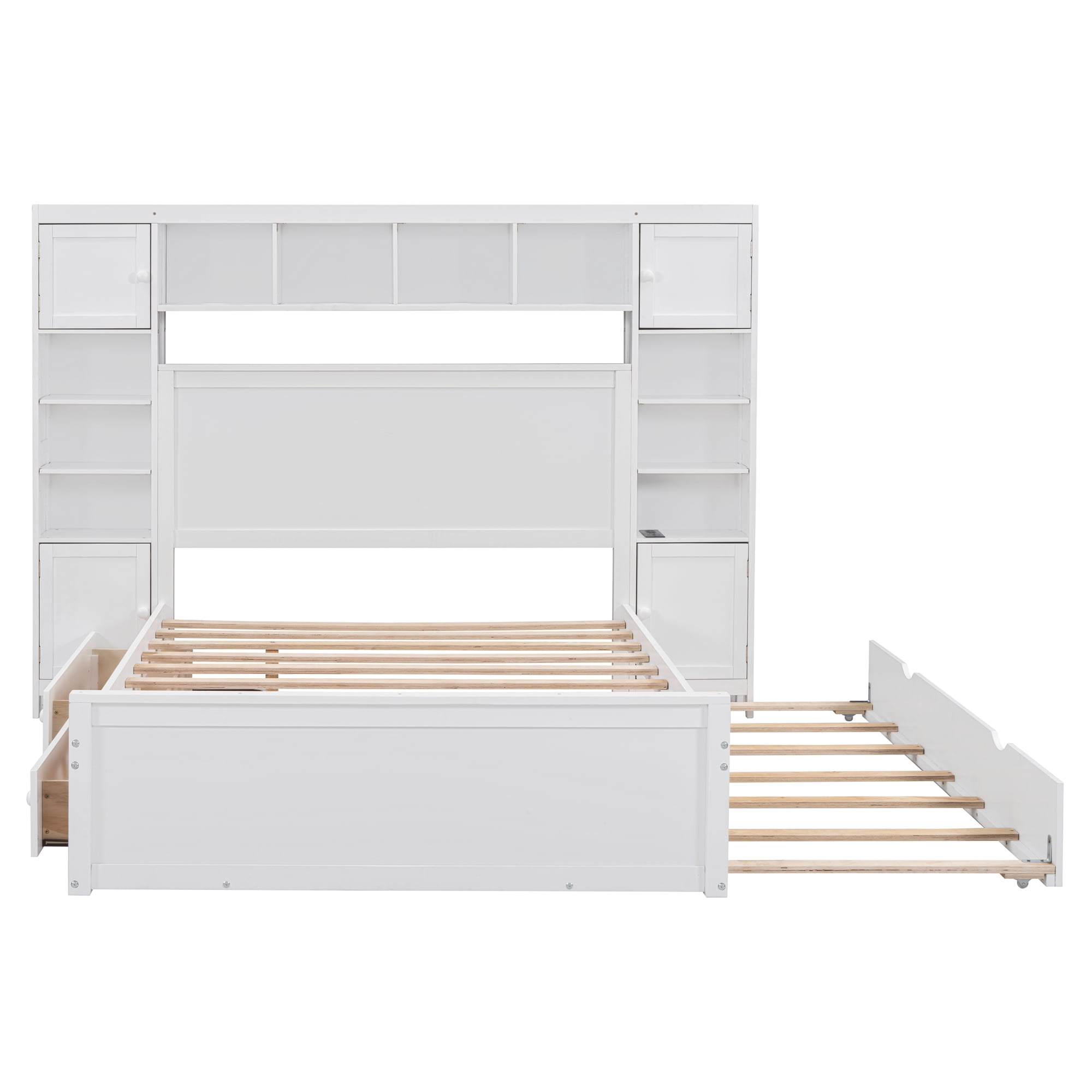 Aukfa Full Size Bed Frame with All-in-One Cabinet and Shelves, Wooden Functional Bed with Trundle and Storage Drawers, USB Ports Outlets, White