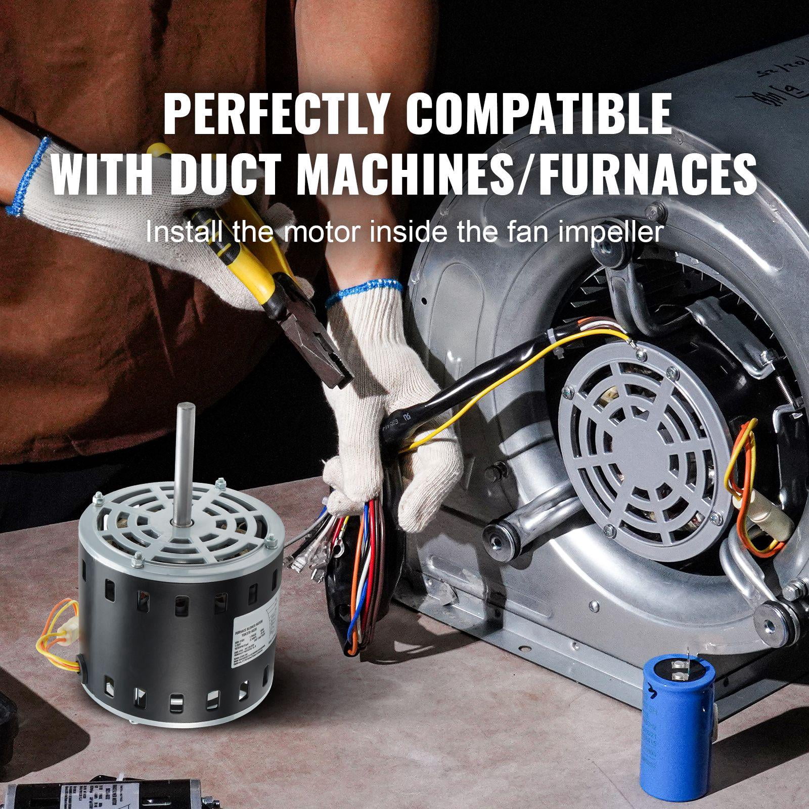 1/2 HP Furnace Blower Motor 208 230 Volts 2.7 Amps 1075 RPM 5 Speed Forward Reverse Rotation 48 Frame 3.4 Inch Shaft 7.5 Microfarad 450 Volt Capacitor with 11 Inch Retaining Ring