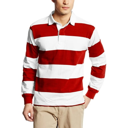 Charles River Apparel Mens Classic, Mens Red And White Striped Long Sleeve Polo Rugby Shirt