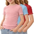 thumbnail image 3 of KyCheLot 3 Pack Ribbed Knit Tops for Girls Crew Neck Solid Color Short Sleeve T-Shirts Trendy Ruffle Trim T-Shirts, 3 of 5