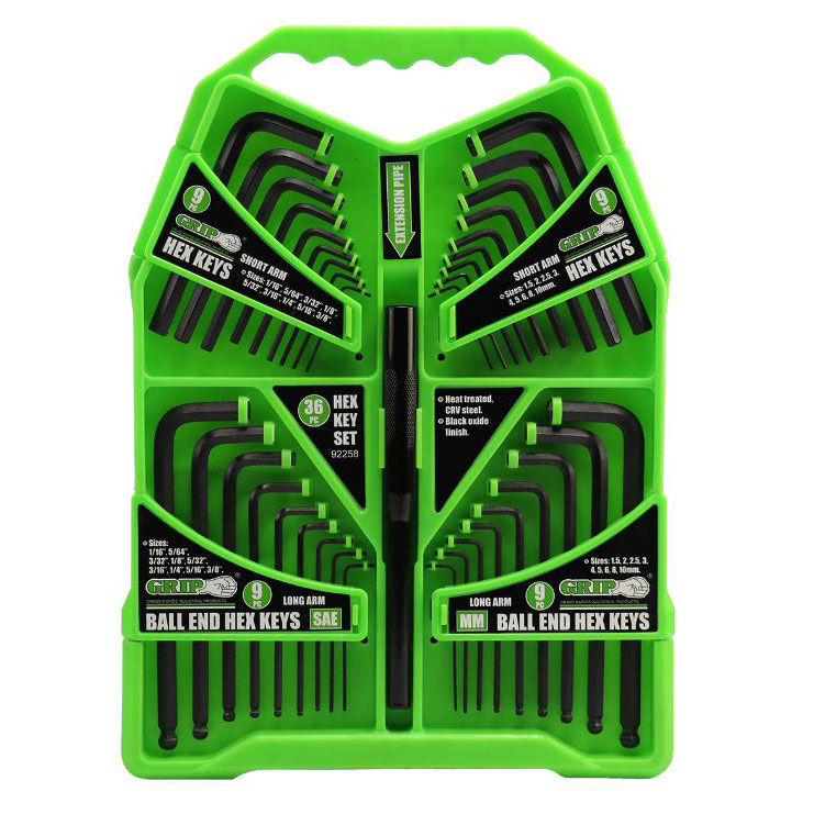 Grip Tools 92258 36 PC Hex Key Set SAE/MM with Regular and Ball Ends