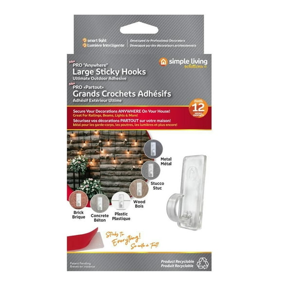 Simple Living Solution's Max Pro Sticky Hooks 12-Count Seasonal Light Strand Adhesive Plastic Clips - Clear