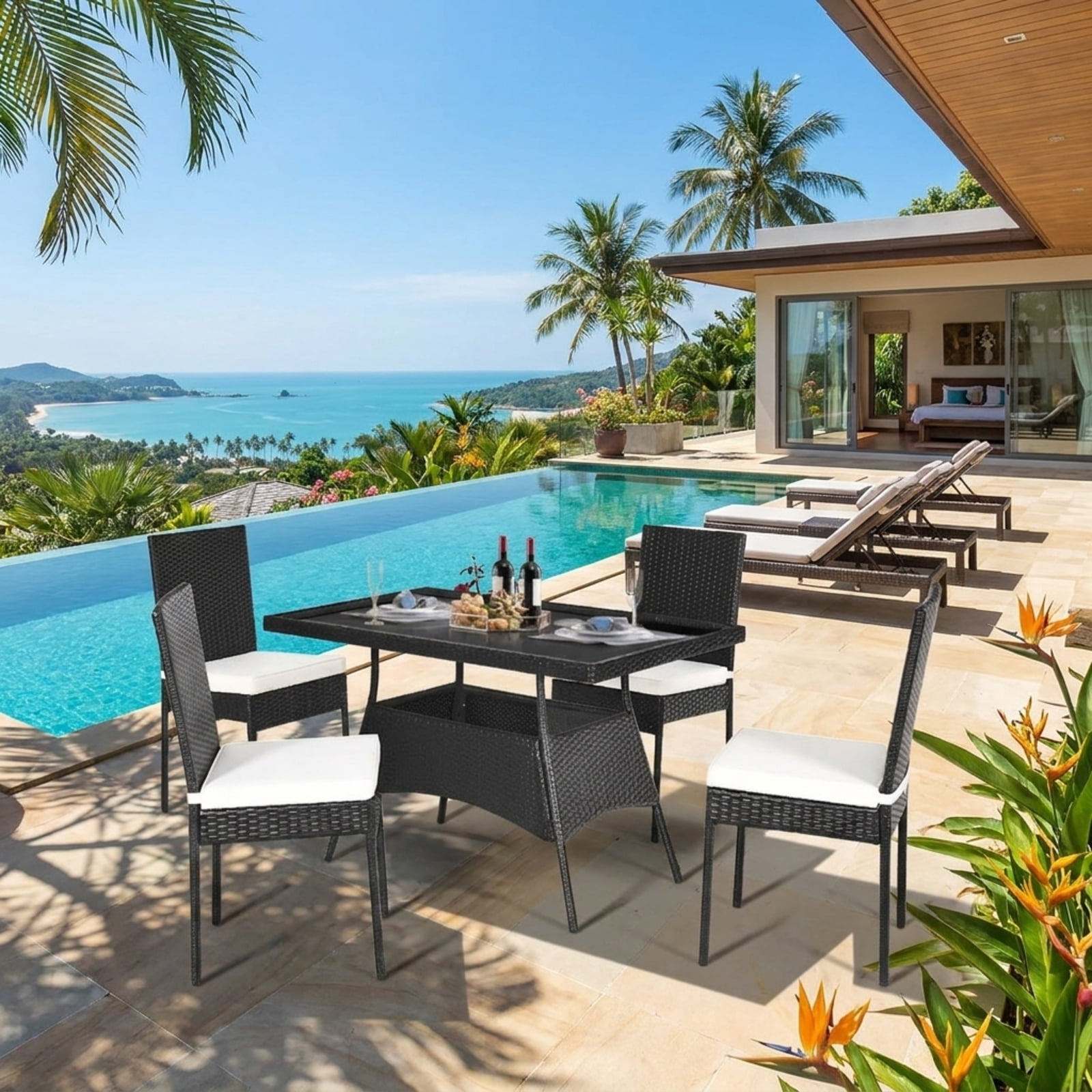 Furnibear 5 Piece Outdoor Patio Rattan Dining Set Wicker Conversation Furniture Set with Glass Top Table and Cushions, Black