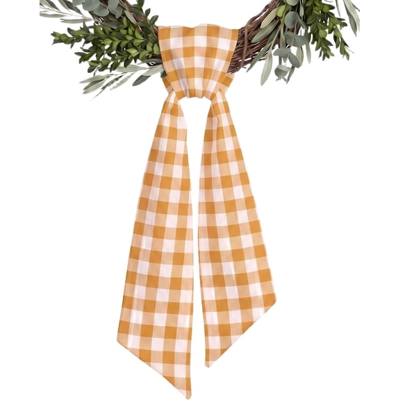 Orange and White Gingham Wreath Sash for Front Door, Fall Thanksgiving Buffalo Check Plaid Wreath Ribbon Bow, 5.12" x 54" Farmhouse Autumn Home Decor