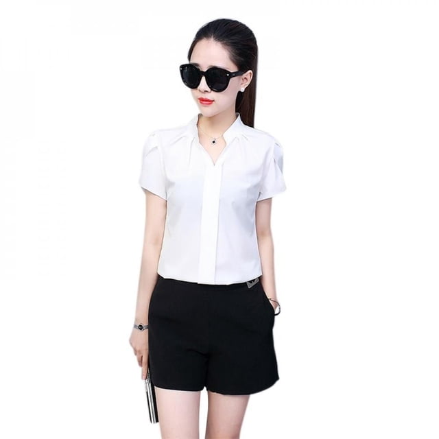 Greyghost SL-New Hauts de Printemps Automne Bureau Chemisier pour Femmes Mode Manches Courtes Col en V Ajusté Pétale