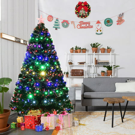 Costway 5'/6'/7' Pre-Lit Fiber Optic Artificial Christmas Tree w/Multicolor LED Lights &