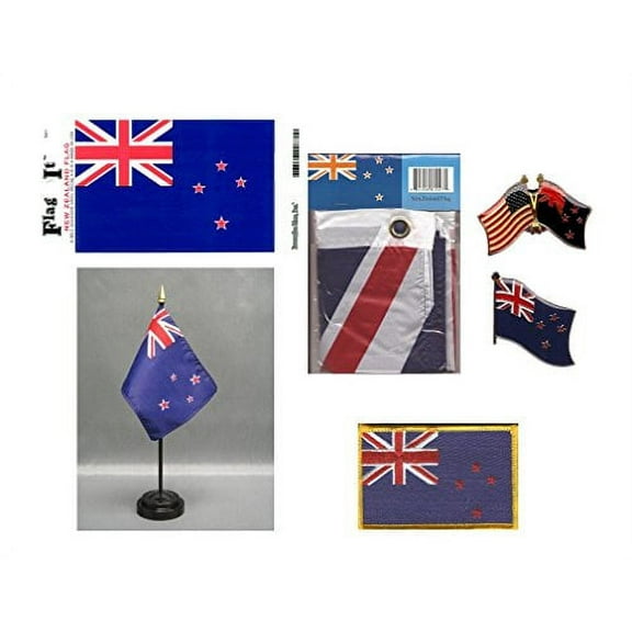 New Zealand Heritage Flag Pack - Includes a New Zealander 3x5' Flag, Vinyl Flag Decal, One Single & One Double Friendship Flag Lapel Pin, Miniature Desk Flag with Stand & One Iron-On Flag Patch