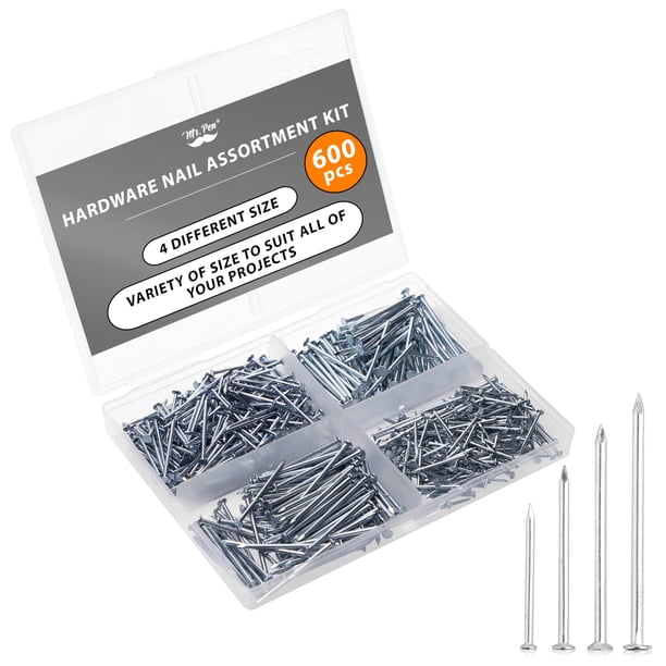 Kit surtido de clavos Mr. Pen de 600 piezas, 4 tamaños, color plata