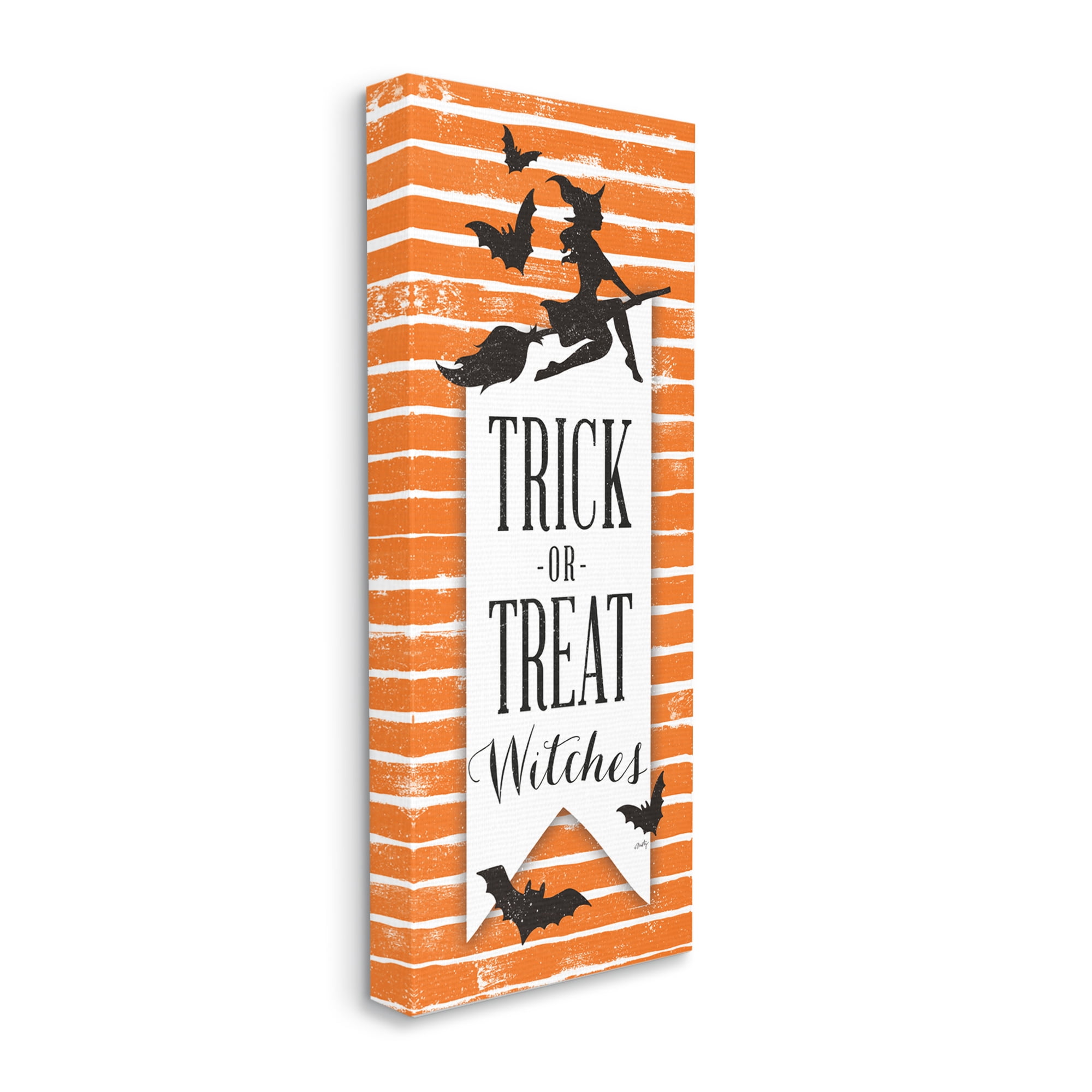 Trick Or Treat Witch Silhouette Orange Stripes Pattern Holiday Graphic Art Gallery-Wrapped Canvas Print Wall Art