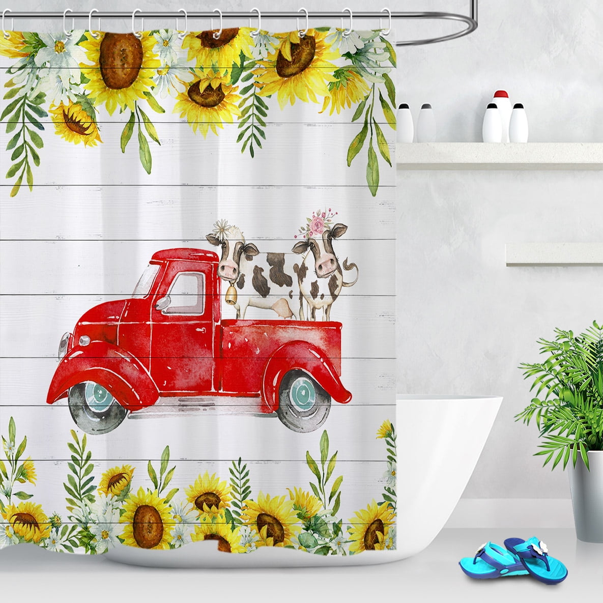 150x180cm Sunflower Cow Red Truck Shower Curtain Waterproof Anti Mould
