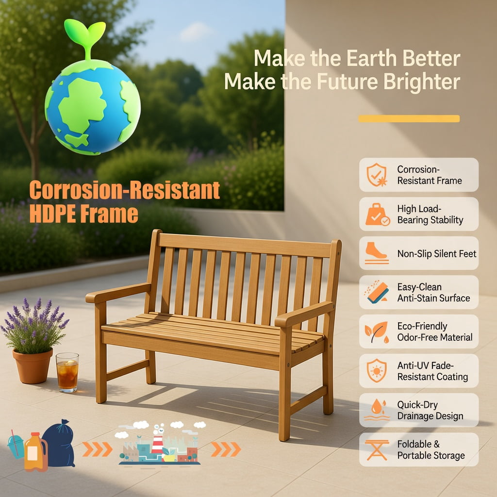 Hommoo 52" All-Weather HDPE Outdoor Bench with Backrest & Armrests, Weather-Resistant Teak-Style Patio Seating for Porch, Garden, Backyard, Natural