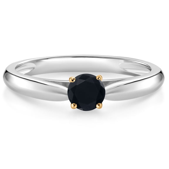Gem Stone King 925 Silver and 10K Yellow Gold Ring Black Onyx Solitaire Engagement Ring for Women (0.22 Cttw, Gemstone December Birthstone, Round 4MM, Size 9)