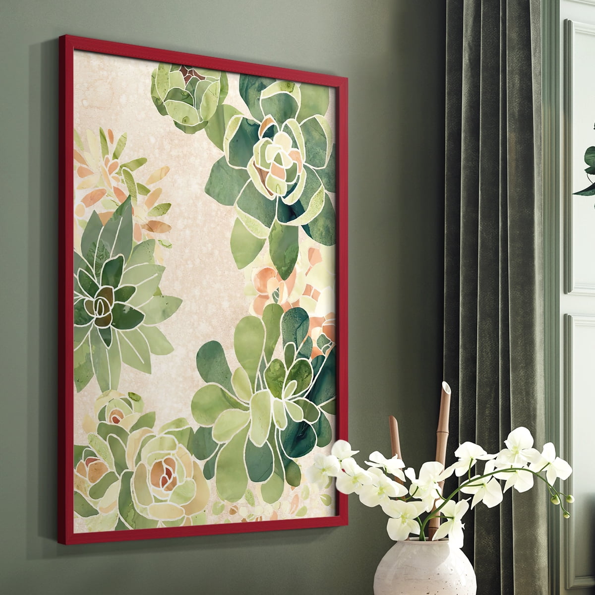 Stained Glass Succulents II Framed Print in Red Solid Wood Framed Print No Nail Hanging
