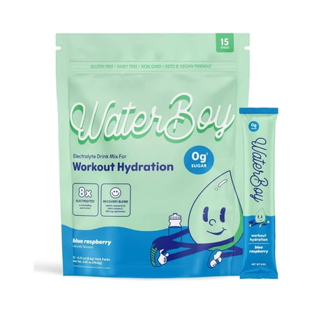 Waterboy Workout Hydration, Blue Raspberry - 2,960mg Sugar-Free Electrolyte Powder, 15-Pack