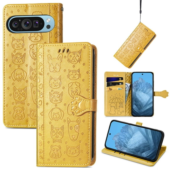 Allytechgroup Flip Wallet Case [Cat & Dog Cute Embossed Pattern] for Google Pixel 10 /10 Pro with Card Slots Cash Holder, Magnetic Clasp Shockproof Kickstand Cover with Hand Strap, Yellow