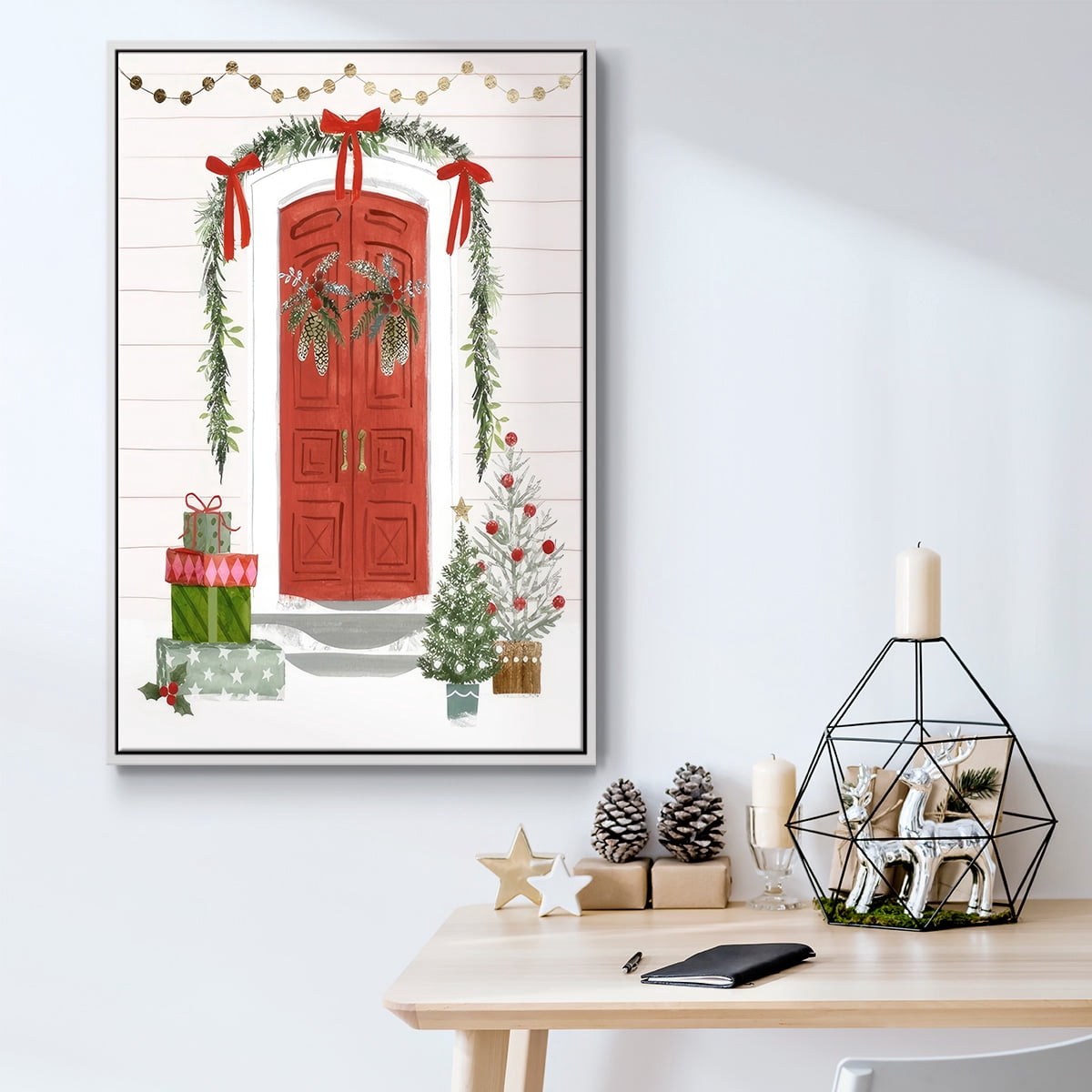 Festive Front Door II - Framed Gallery Wrapped Holiday Canvas - 17 x 25 - White Frame