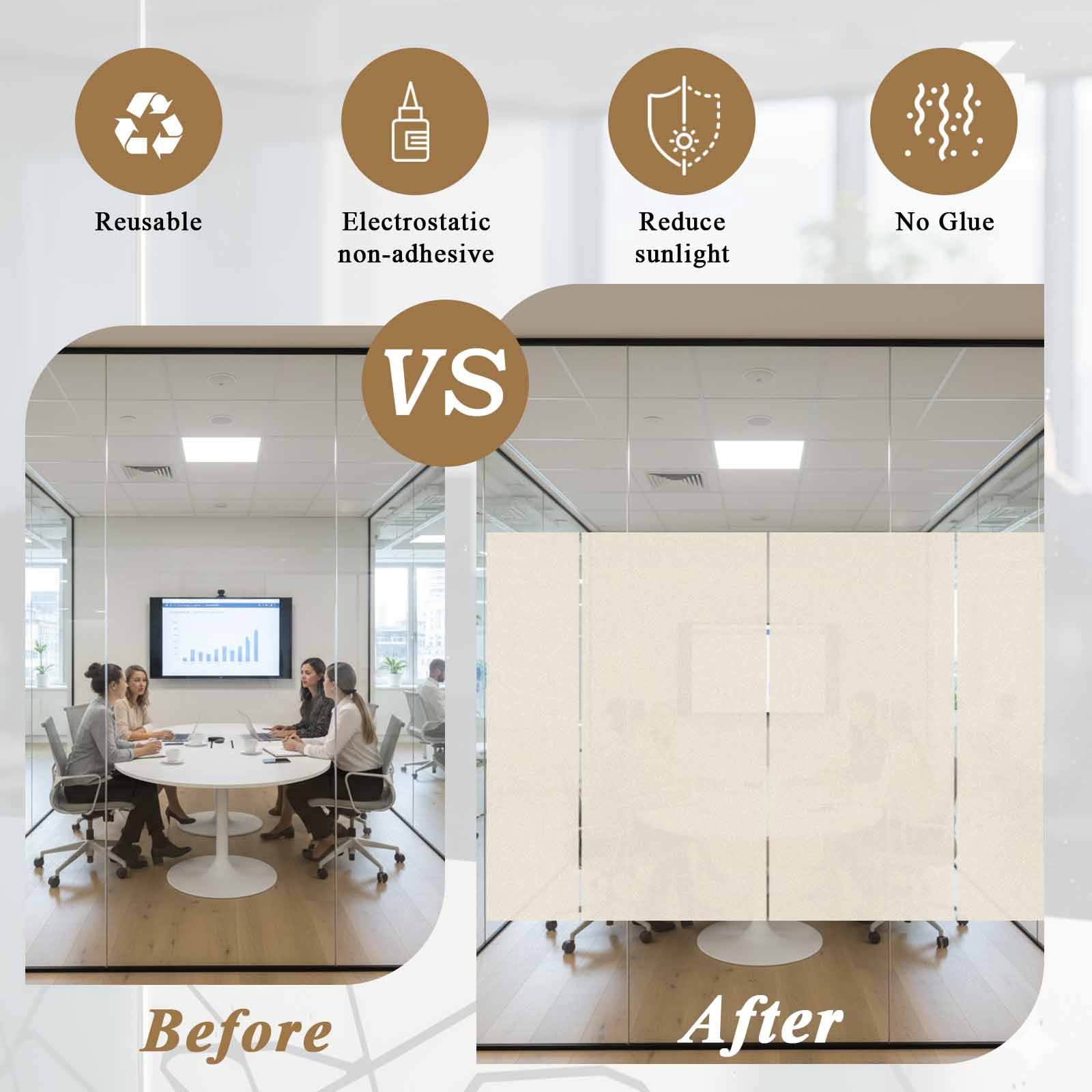 No Glue Heat Blocking Window Flims, Cream Window Privacy Film Frosted, Farmhouse Solid Beige Color Modern Art Peep-proof Door Windows Tint for Bathroom, Dormitory, 17.7 x 78.7 Inches