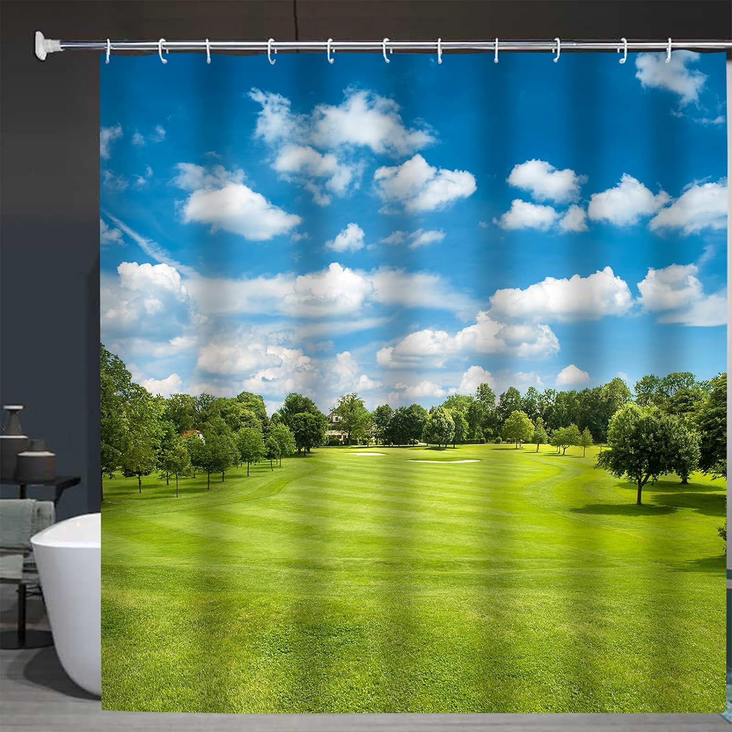 Golf Shower Curtain Course Green Golf Field and Blue Cloudy Sky Sunny Polyester Fabric Shower Curtain Sets with Hooks Waterproof Bathroom Decoration 72x72 Inch