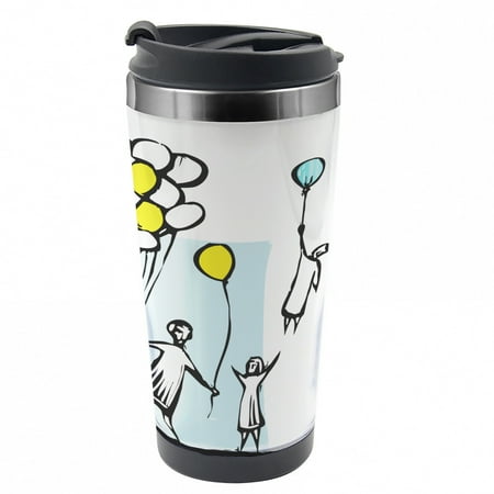 

Doodle Travel Mug Blue and Yellow Balloons Steel Thermal Cup 16 oz by Ambesonne
