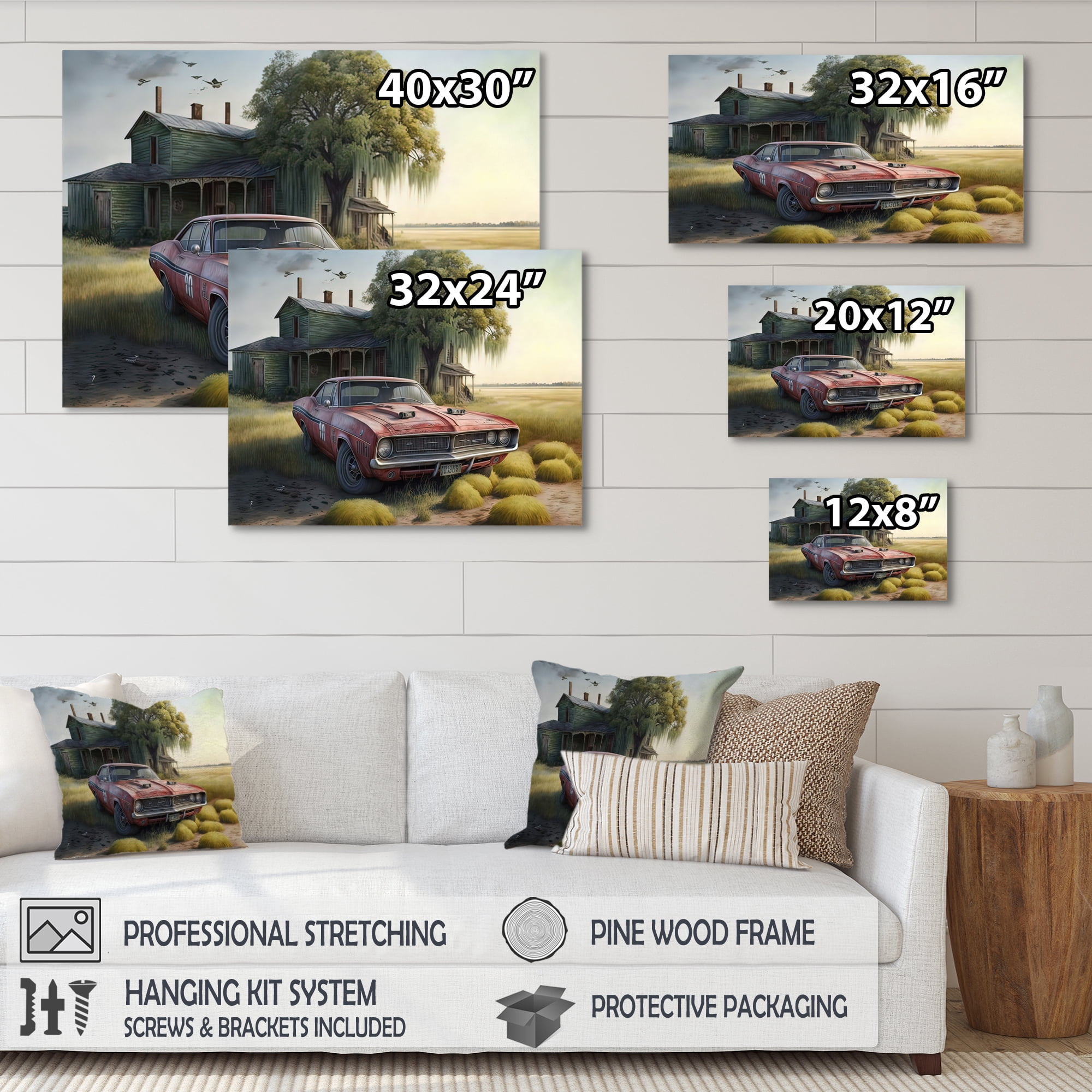 Designart Orange Muscle Car At The Barn Canvas Wall Art