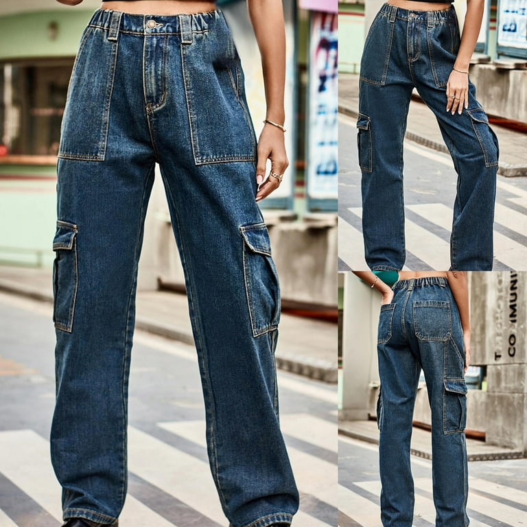 Bigersell Womens Cargo Jeans High Waisted Straight Leg Denim Jeans Elastic  Waist Cargo Pants with 6 Pockets Casual Loose Full Length Pants Trousers