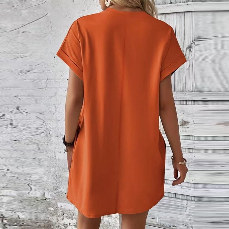 rolled sleeve t shirt dress LADIGASU Womens Rolled Short-Sleeve Crewneck Dress, Loose Fit Solid T-Shirt Dress for Casual Wear, Women's, Size: Medium, Orange