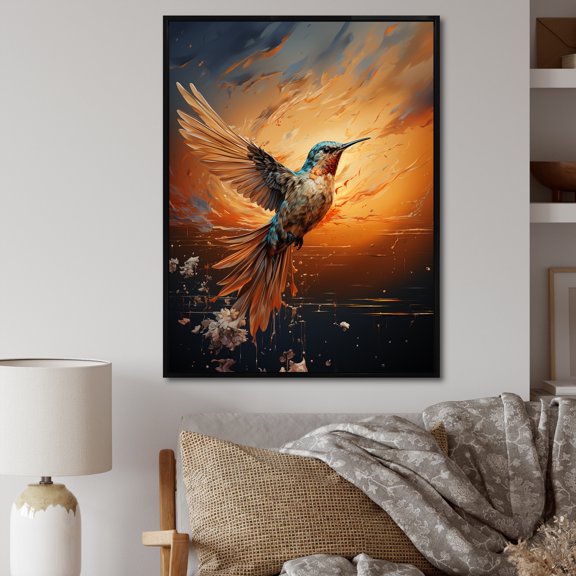 Designart "Swift Sunbeam Hummingbird" Animals Framed Wall Art - Traditional Yellow Hummingbird Entryway Framed Wall Art Print