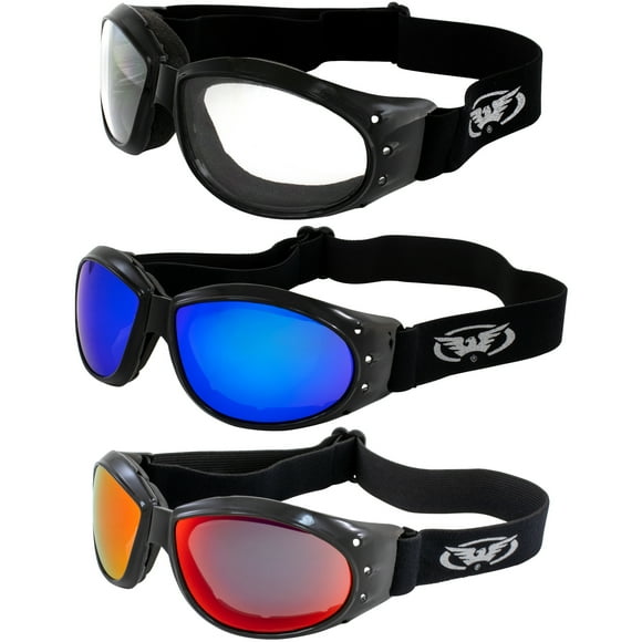 3 Pairs of Global Vision Eliminator Padded Motorcycle Goggles Black Frames Clear G-Tech Red & Blue Mirror Lenses