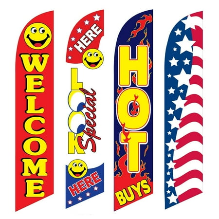 4 Advertising Swooper Flags Welcome Look Special Here Hot Buys Patriotic