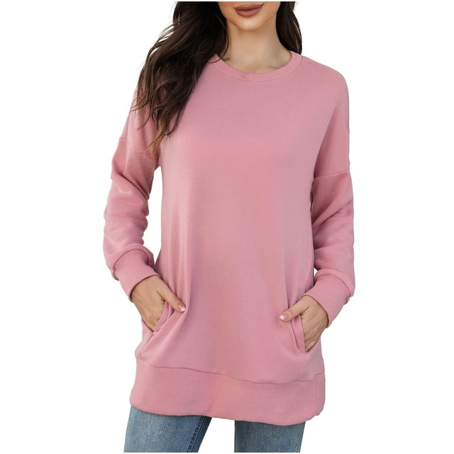 Bowake Femmes Automne Hiver Tops Décontractés Col Rond Manches Longues Sweat-Shirt Couleur Unie Coupe Ample Pull avec Poches