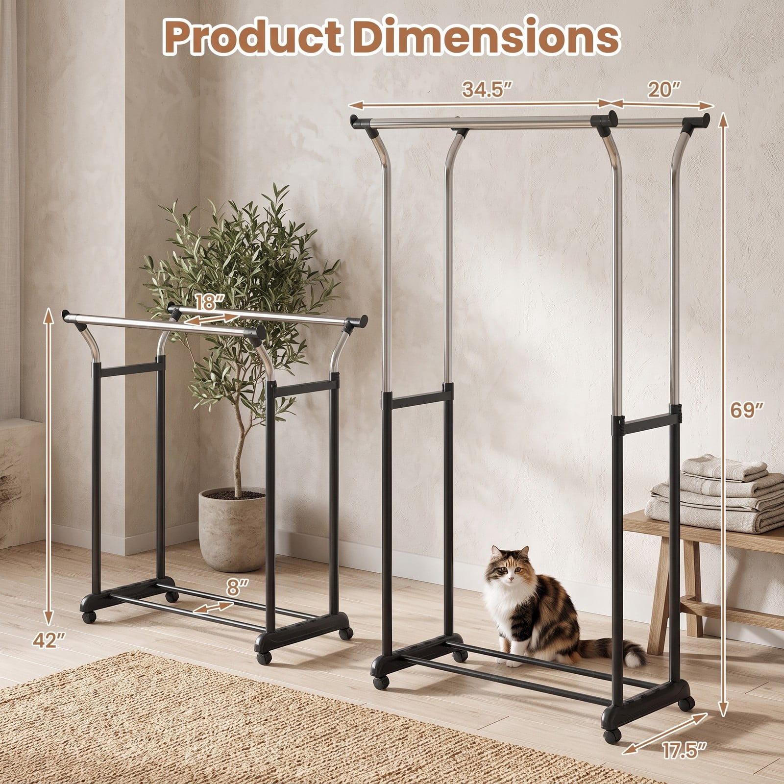 Furnibear Rolling Double Rod Garment Rack with Adjustable Height and Locking Casters for Bedroom and Closet, Black and Silver