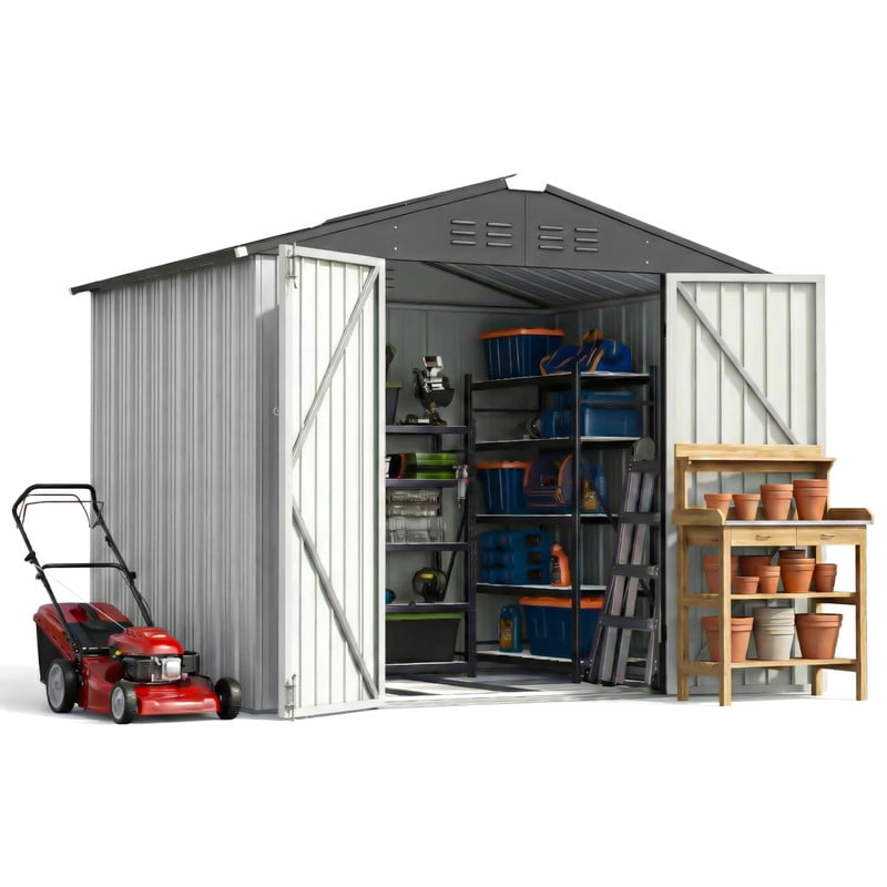 Homall 8 x 6 ft Outdoor Storage Shed, Durable Patio Metal Storage Shed with Floor Frame & Lockable Doors for Garden Backyard Lawn, White