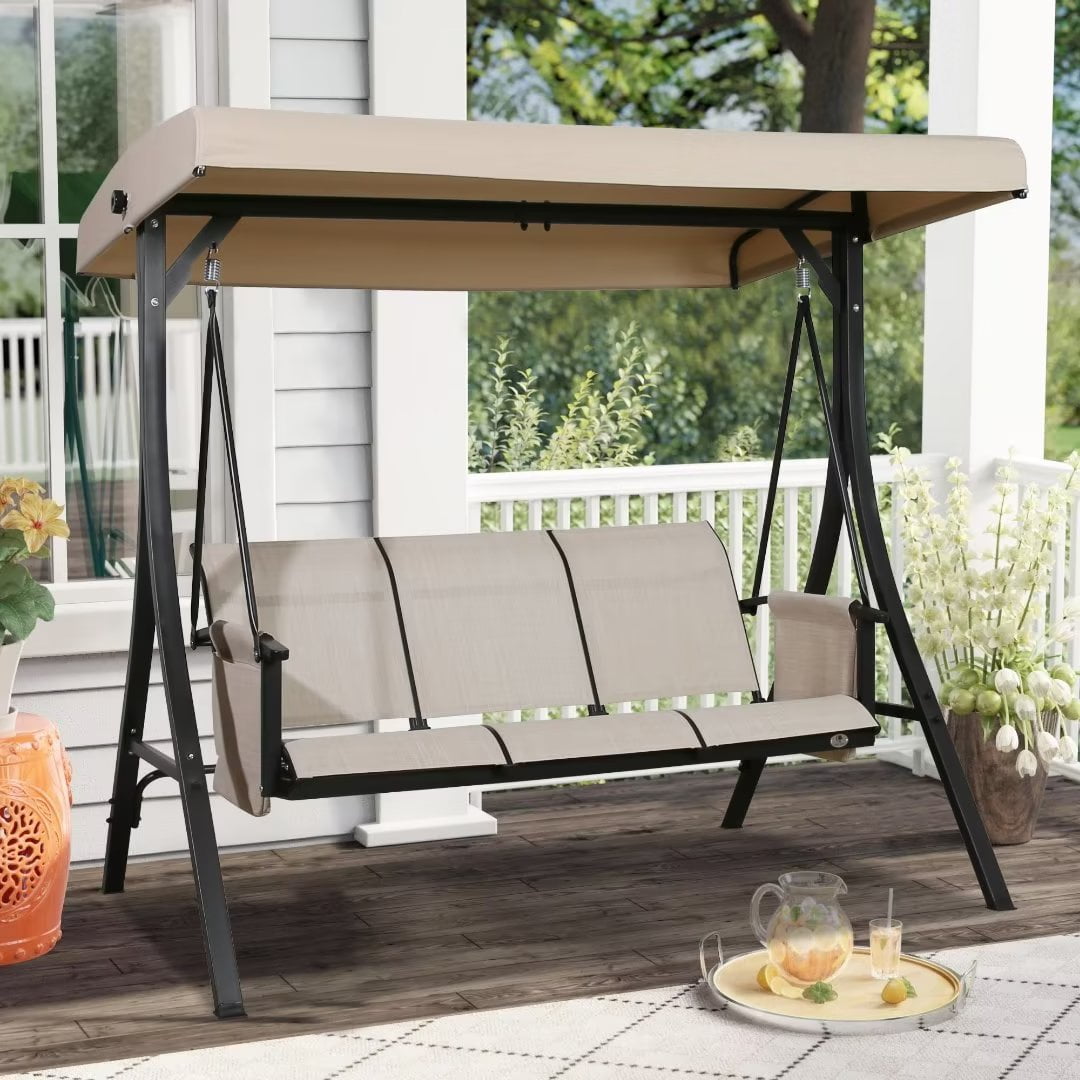 Iwicker 3Seat Canopy Steel Porch Swing Textilene Swing Glider with