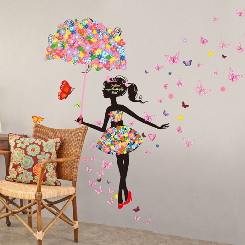 Flower&Girl with Umbrella Wall Sticker Removable Vinyl DIY Art Mural ...