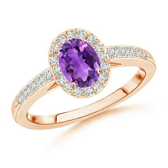 ANGARA Natural Classic Oval Amethyst Halo Ring with Diamond Accents in 14K Rose Gold for Women (Size-7x5mm) | February Birthstone, Anniversary, Jewelry Gift for Women | Natural Amethyst Ring