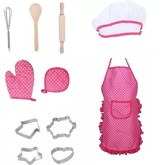 Set de Chef para Niños (Juego de 11 Piezas en Rosa), Delantal de Cocina Ajustable para Niños Pequeños con Gorro de Cocinero, Guantes de Cocina para Niños, Tapete Resistente al Calor Niño Niña de 3 a 8
