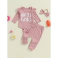 thumbnail image 3 of Elippeo 3-Piece Baby Girls Ribbed Set Letter Print Long Sleeve Round Neck Ruffled Romper Long Trousers Hair Band Adorable Outfits 3 6 9 12 Months, 3 of 9