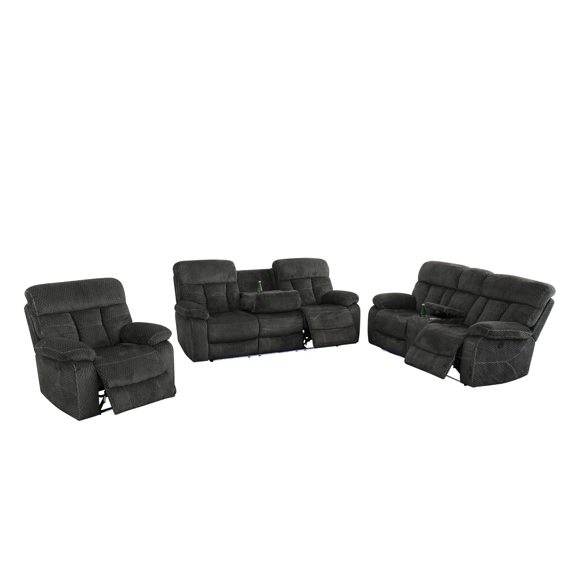 Gewnee 1+2+3‑Piece Power Recliner Sectional Sofa Set, Flock Upholstered Couch with Center Console Cup Holders, LED Ambient Light & USB Port for Living Room, Grey
