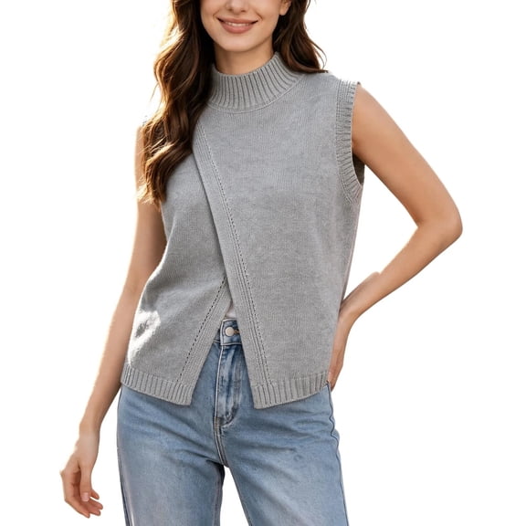 Guluxicc Womens Mock Neck Sweaters Sleeveless Cross Front Split Hem Sweater Vests Fall Winter Solid Color Knit Tops