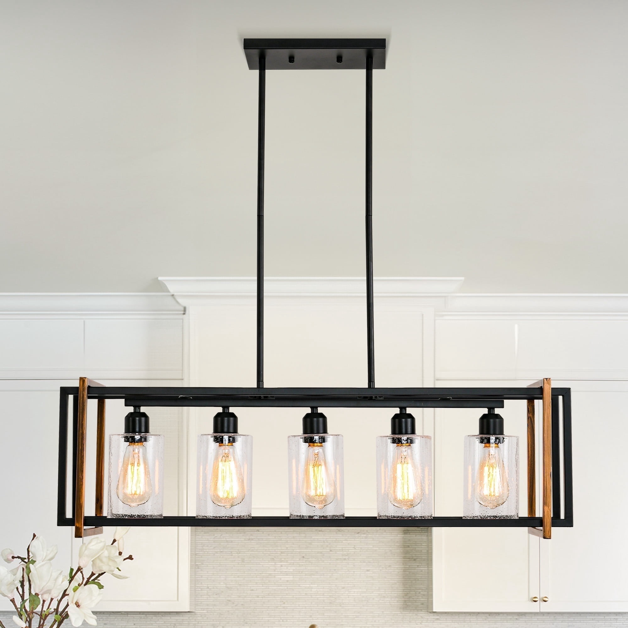 bokifol Black Gold 5-Light Farmhouse Chandeliers Rectangle Kitchen Island Light Fixtures Glass Shade,E26