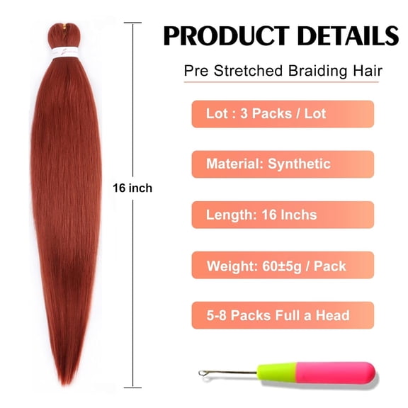 WEIF-Ginger Braiding Hair Pre Stretched 16 Inch 3 Packs for Professional Hair Extensions, Hot Water Setting Yaki Texture Synthetic Hair(350#)