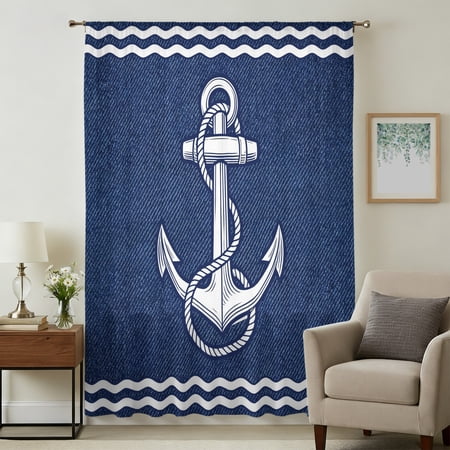 Navy Blue Anchor Nautical Sheer Curtains 54 Inches Long Coastal Summer Ocean Farmhouse Light Filering Curtains Breathable Simi Curtain Privacy Drapes for Kitchen Bathroom Small Window Treatment