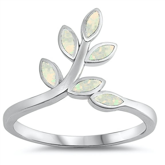 CHOOSE YOUR COLOR White Simulated Opal Branch Tree Leaf Wide Ring .925 Sterling Silver Band CZ Female Size 6