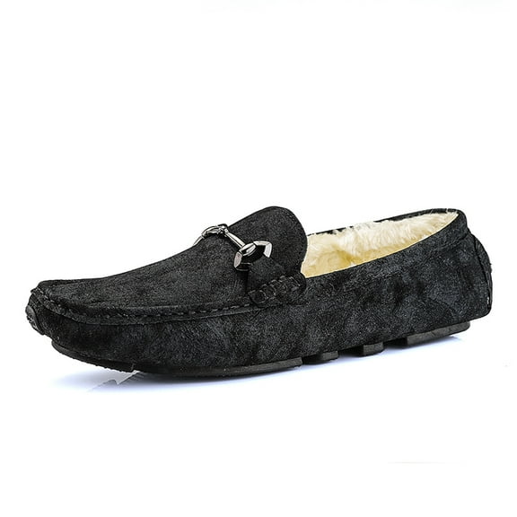 Winter Men's Casual Loafers Slip On Outdoor Fuzzy Furry Loafers Leather Warm Comfortable Shoes Male Driving Shoes Moccasins Classic Penny Loafer Flats Boat Shoes