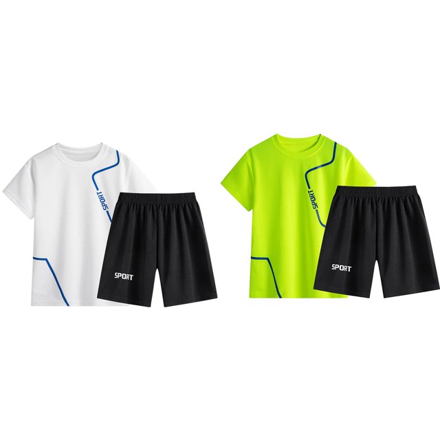 (2-Pack) Rinsvye Boys Lightweight Sport Outfit Summer Performance Tee Breathable Shorts Two Piece Set Athletic Top Bottom Active Gym Training Jogger Youth Fitness