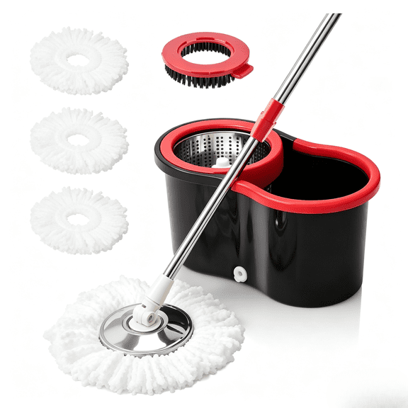 360 ° Spin Mop and Bucket Wringer Set with 3 Microfiber Heads, 61" Adjustable Stainless Steel Handle for Household Floor Cleaning