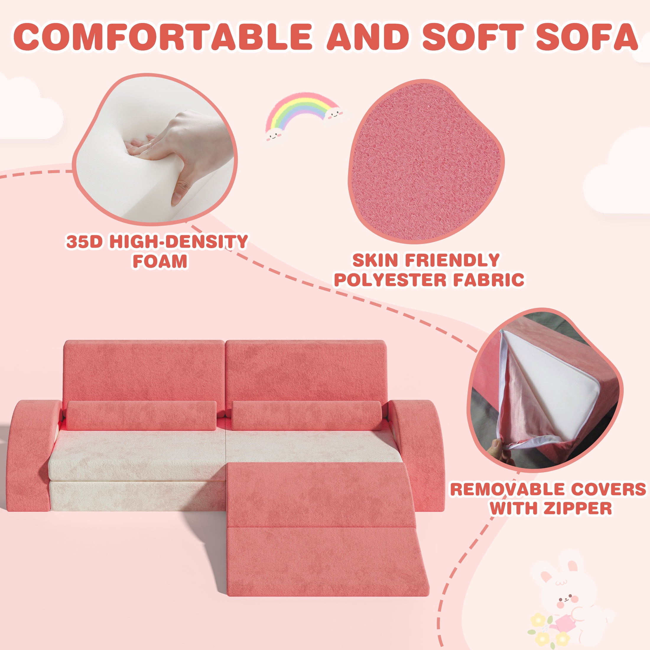 11PCS Modular Kids Play Couch, HSUNNS Fabric Kids' Sofa with Removable Cover, Convenient Storage, Indoor Foam Sofa Living Room Sectional Couch for Boys Girls 3-8, CPC Certification, Pink
