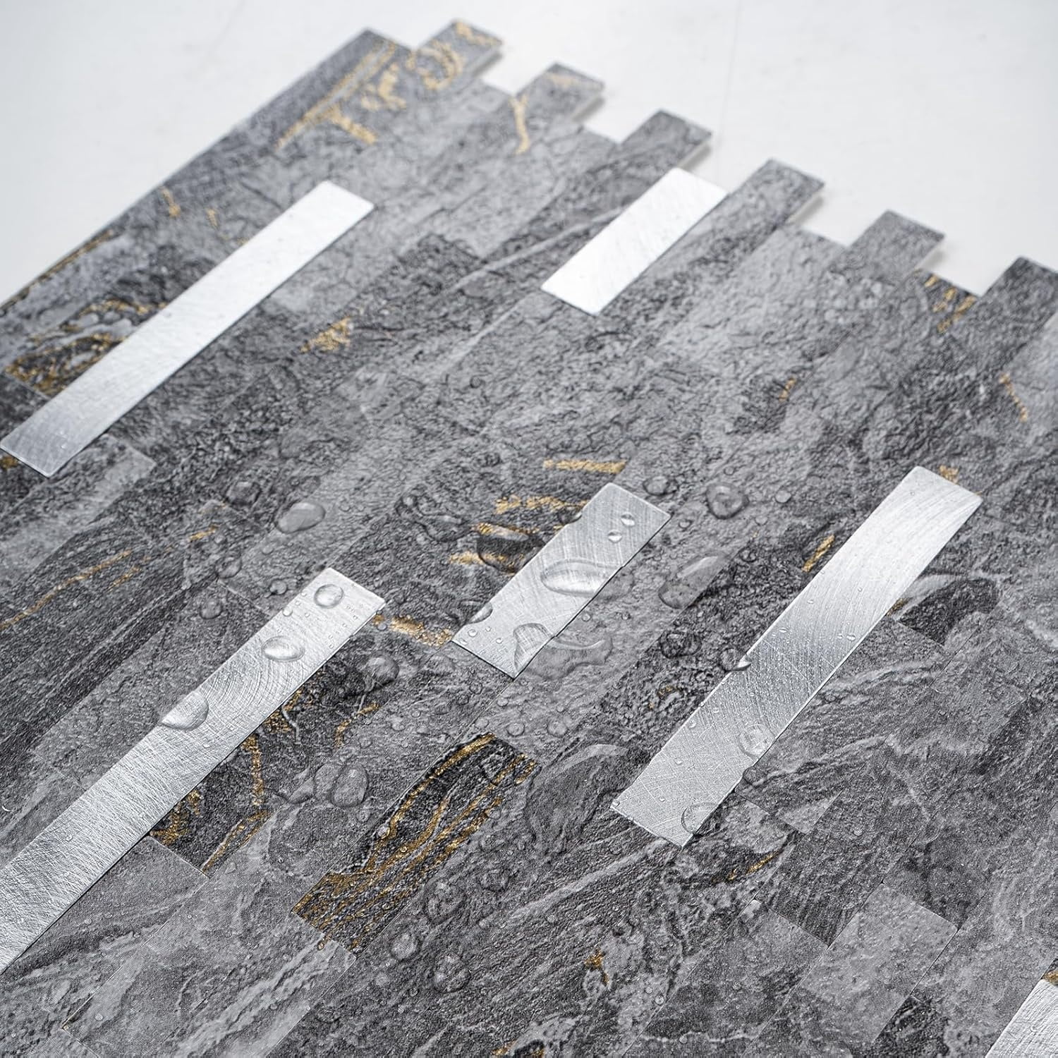 20 Sheets Peel and Stick Backsplash for Kitchen, Gray-Gold Stone with Metal Silver Look Stick on Tile Upgrade Your Kitchen Backsplash, RV, Fireplace